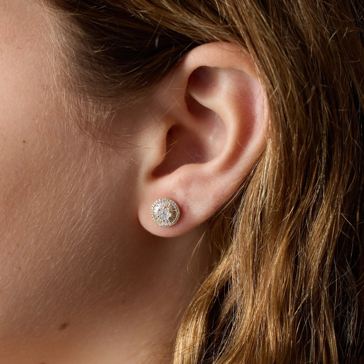 Diamond Halo Stud Earrings in 18K Gold, view 2 | JJ Jewelry Miami