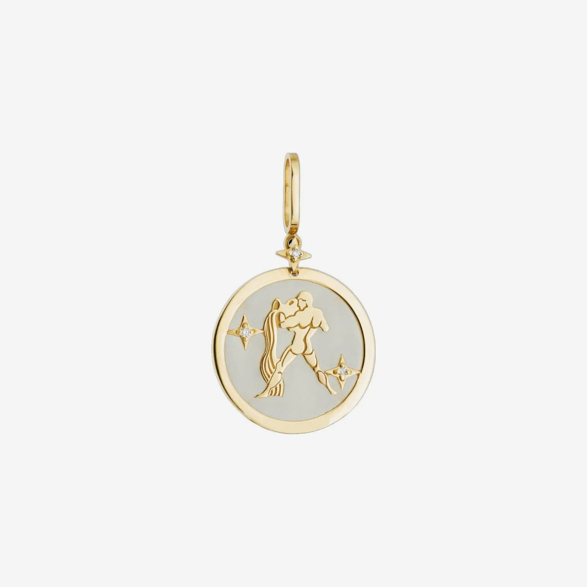 Aquarius Zodiac Pendant with White Quartz & Diamonds in 18K Yellow Gold, view 2 | JJ Jewelry Miami
