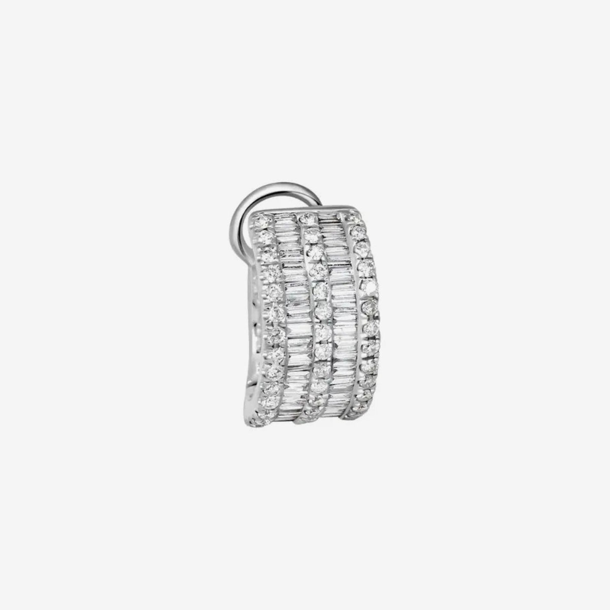 Baguette Diamond Ear Clip in 18K White Gold, gray background | JJ Jewelry Miami