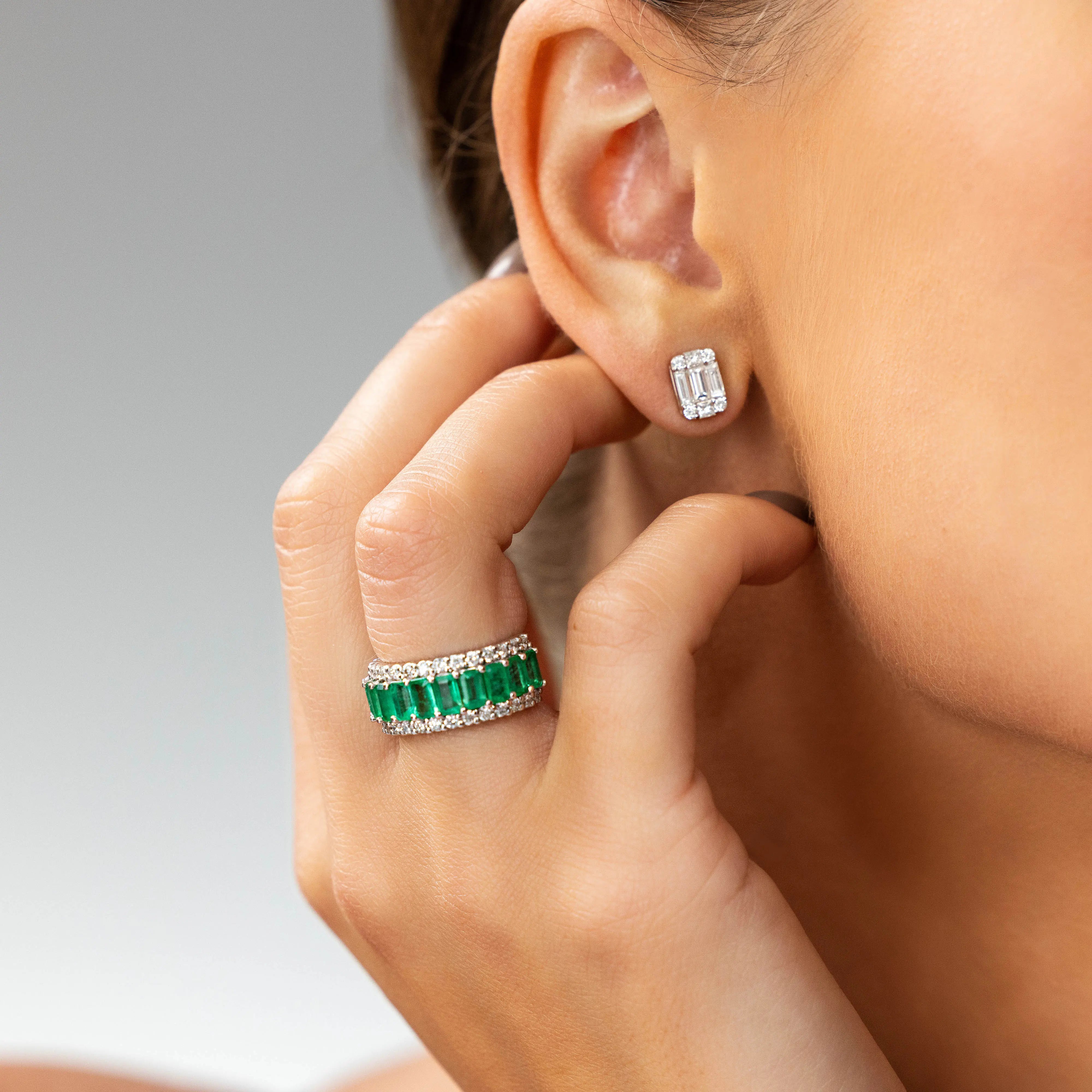 Baguette Diamond Halo Stud Earrings in 14K White Gold | JJ Jewelry Miami