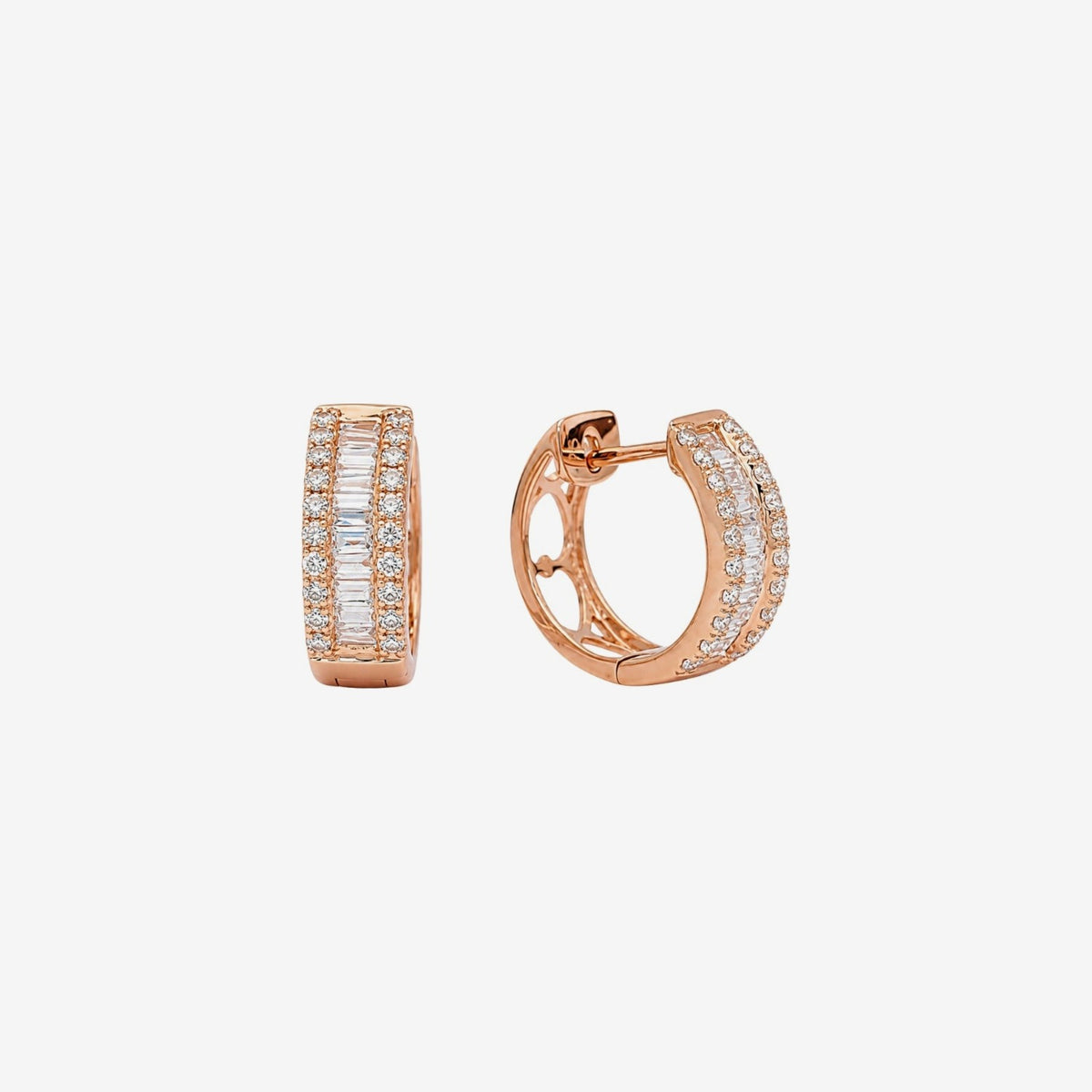 Baguette Diamond Hoop Earrings, gray background | JJ Jewelry Miami