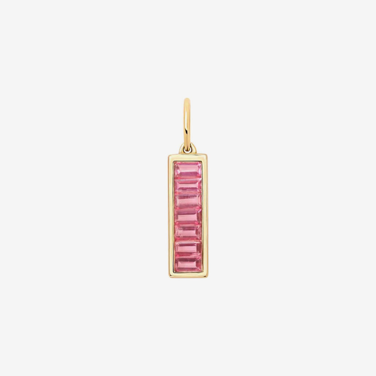Baguette Gemstone Bar Pendant in 14K Yellow Gold, Pink Tourmaline, gray background | JJ Jewelry Miami