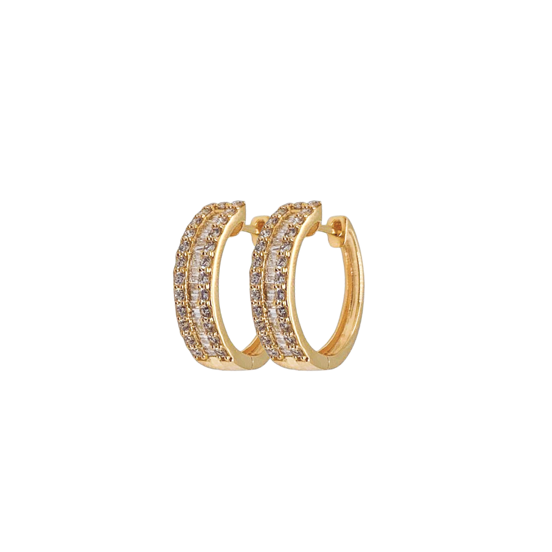 Baguette and Pavé Diamond Hoop Earrings in 18K Yellow Gold