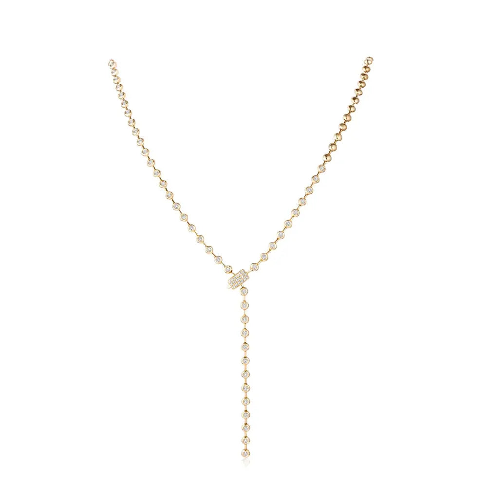 Bezel-Set Diamond Lariat Necklace in 18K Yellow Gold | JJ Jewelry Miami