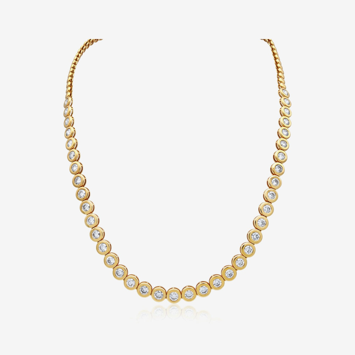Bezel-Set Diamond Tennis Necklace in 18K Yellow Gold | JJ Jewelry Miami