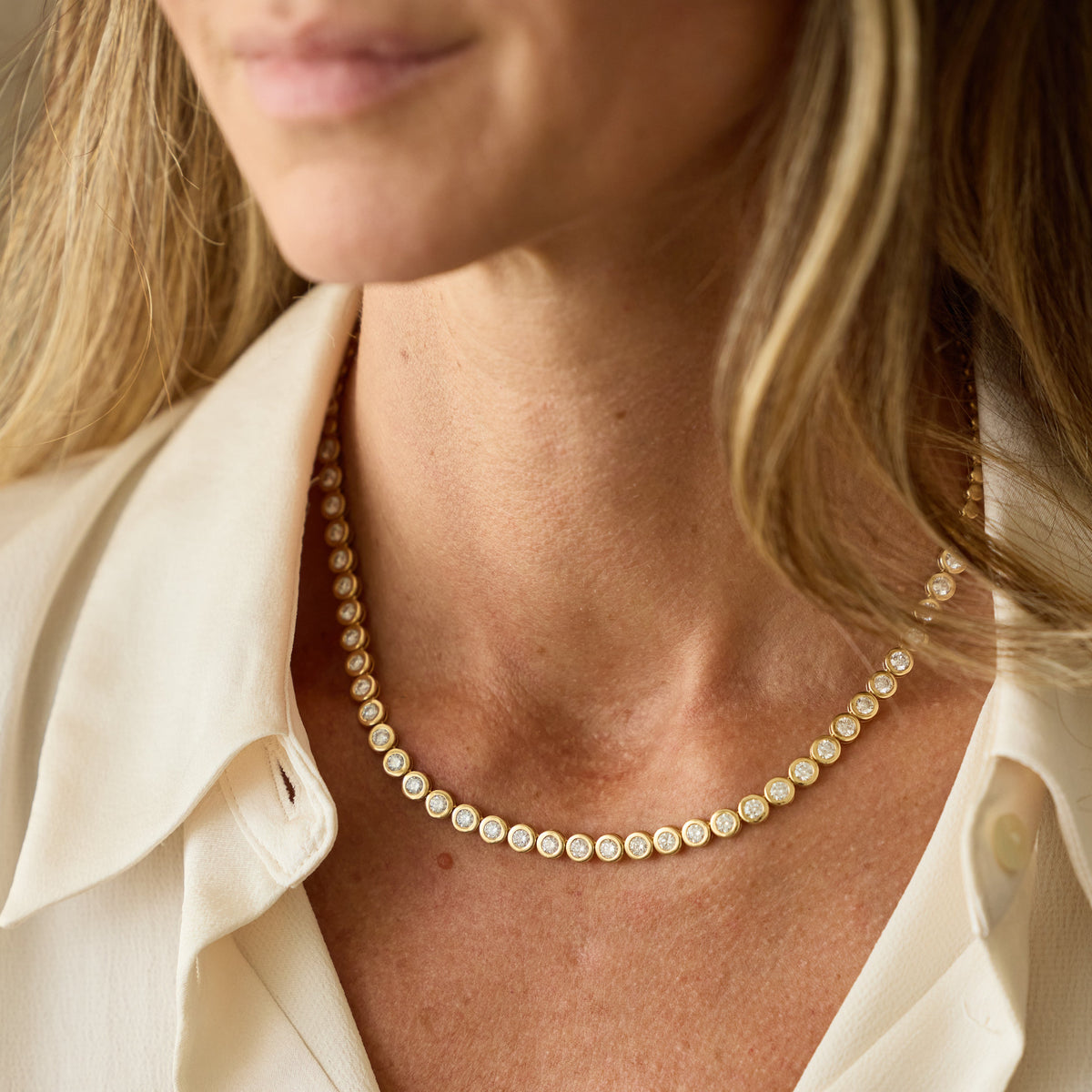 Bezel-Set Diamond Tennis Necklace in 18K Yellow Gold