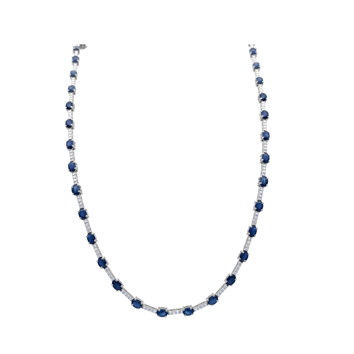 Blue Sapphire & Diamond Necklace in 14K White Gold | JJ Jewelry Miami