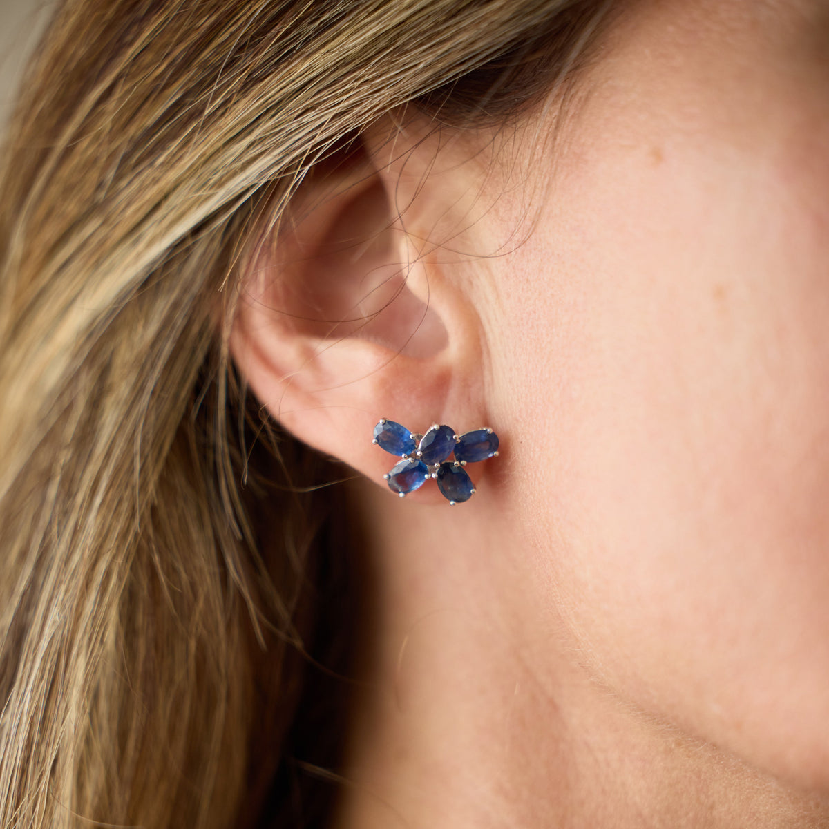 Blue Sapphire Flower Cluster Earrings