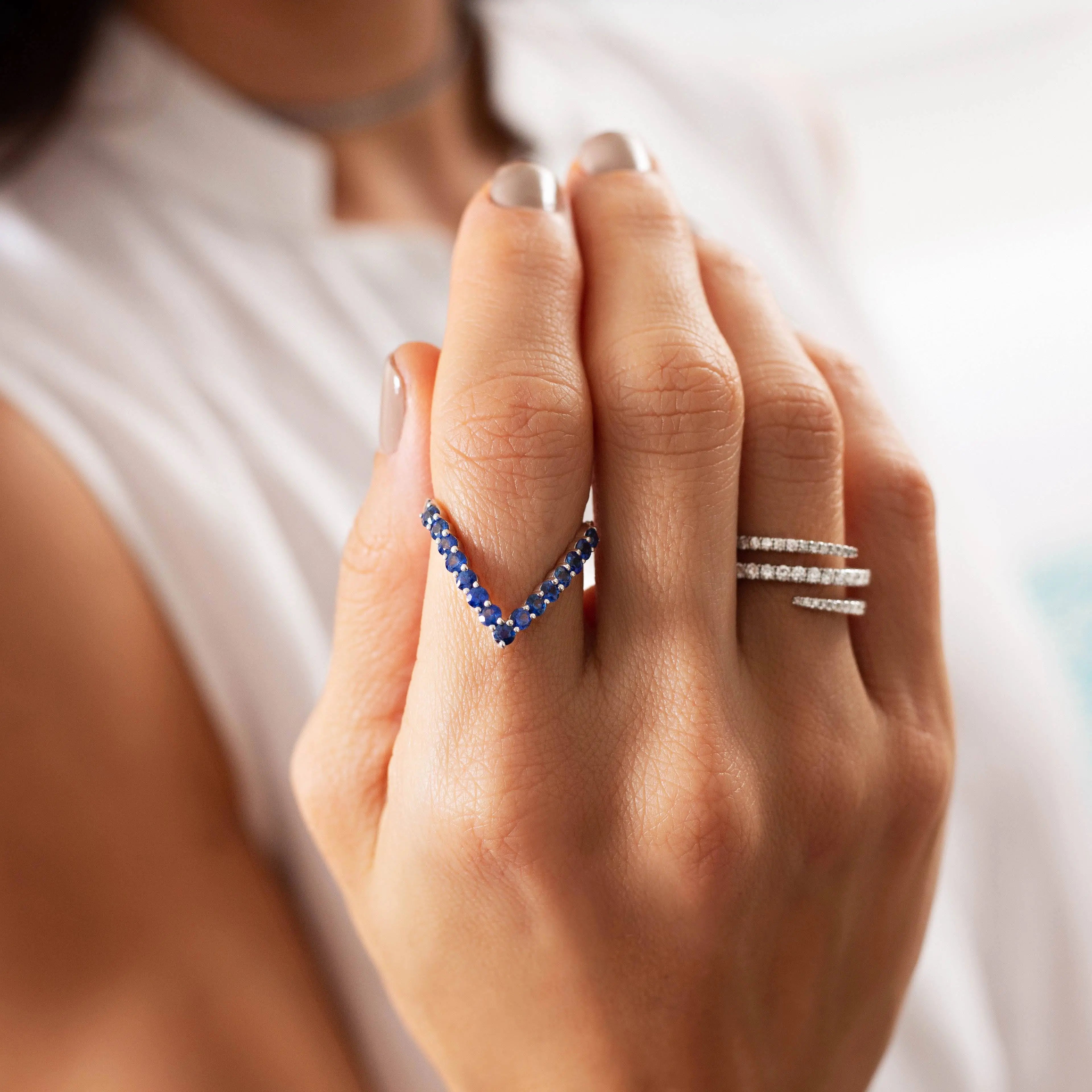 Stackable blue sapphire V ring fine jewelry JJ Jewelry