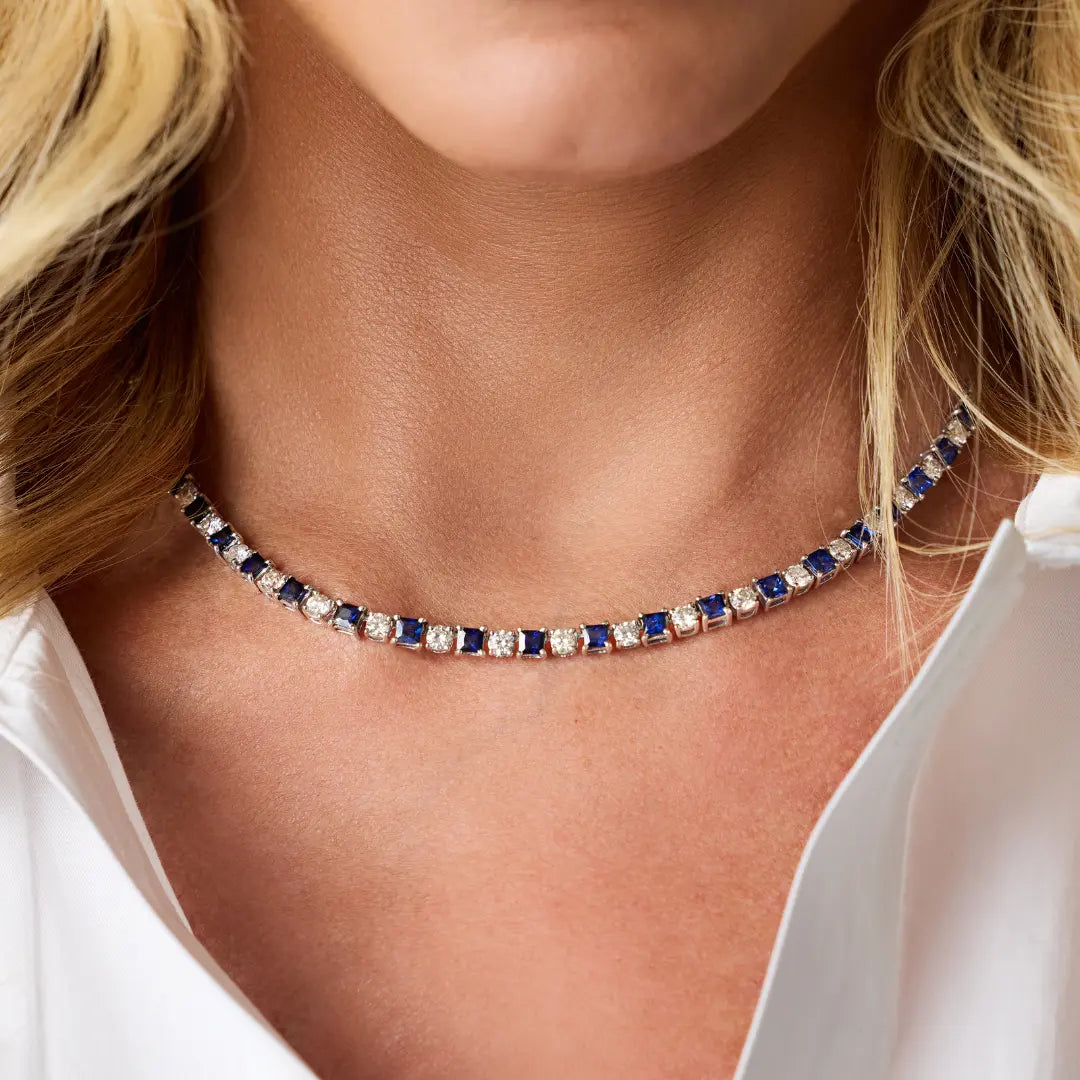   Blue Sapphire and Diamond Tennis Necklace in White Gold Princess Jewelry Shop