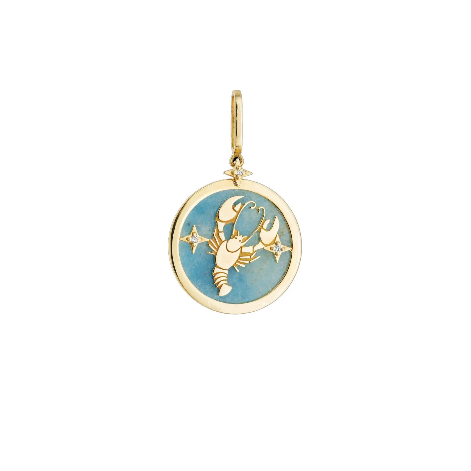 Cancer zodiac pendant with blue quartz and diamonds in 18K yellow gold