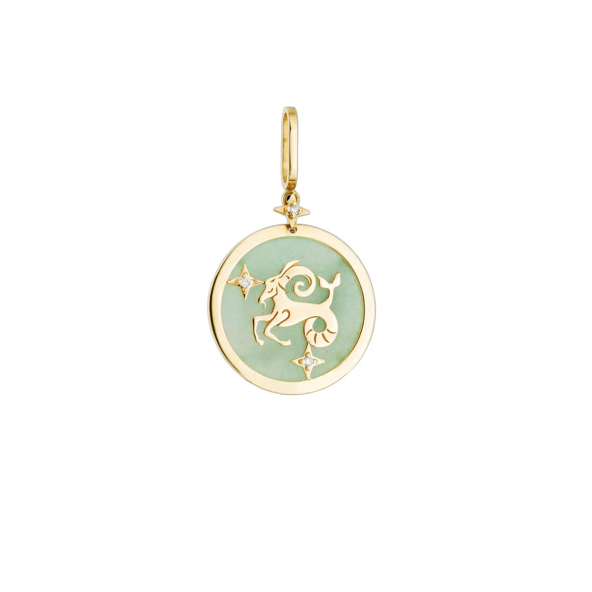 Capricorn Zodiac Pendant with Green Quartz & Diamonds in 18K Yellow Gold | JJ Jewelry Miami