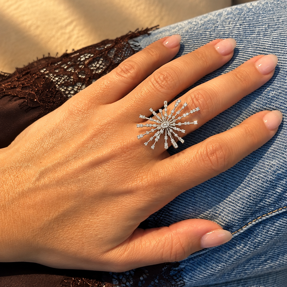 Celestial Comet Emerald-Cut Diamond Burst Cocktail Ring