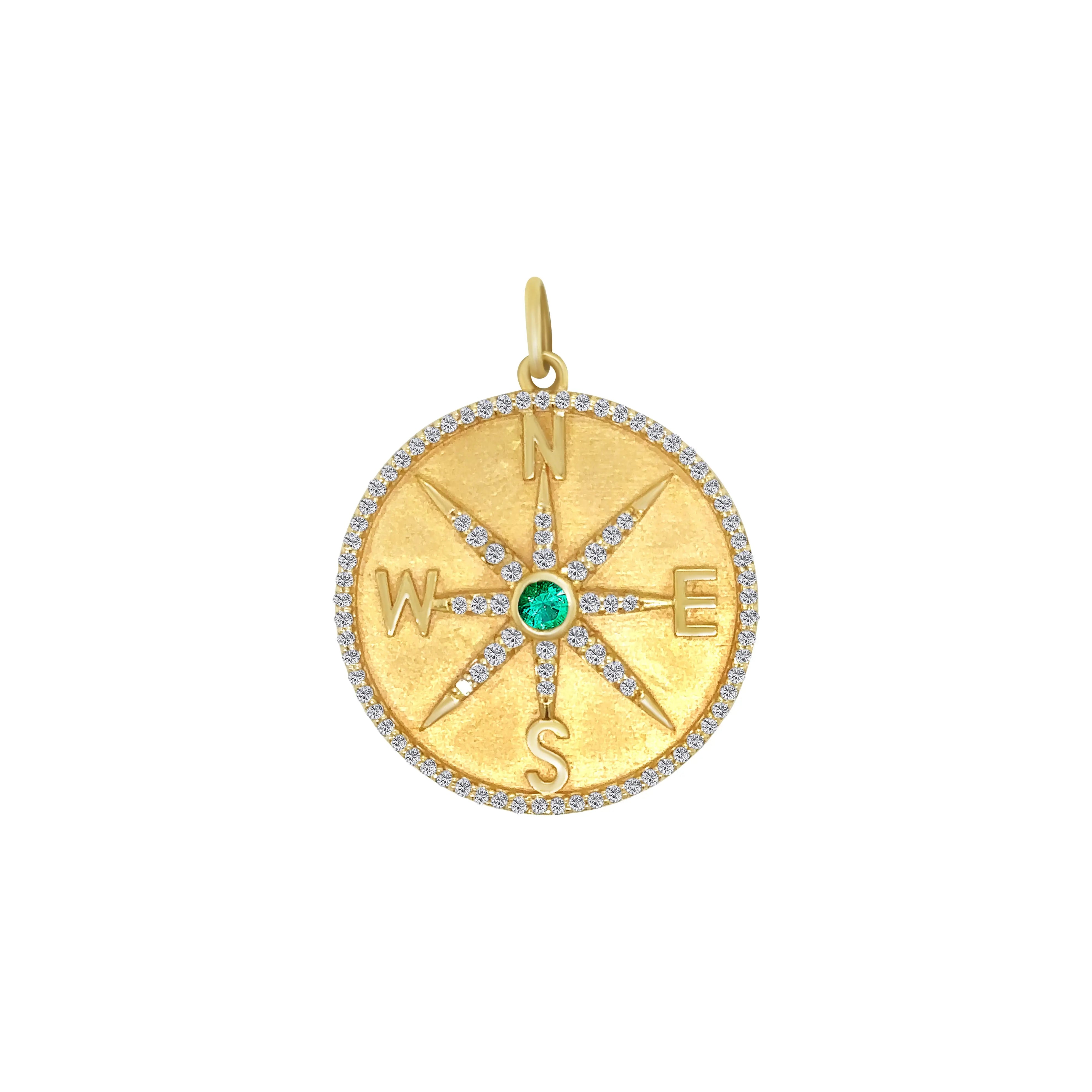 Compass Rose Emerald & Diamond Pendant in 14K Yellow Gold | JJ Jewelry Miami