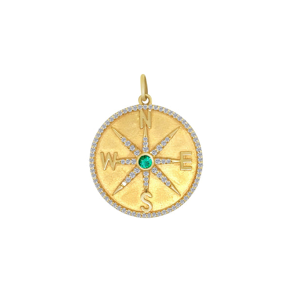 Compass Rose Pendant with Emerald and Pavé Diamonds in 14K Yellow Gold | JJ Jewelry