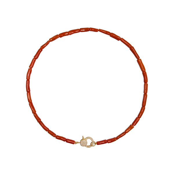 Coral Tube and Diamond Necklace in 14K Yellow Gold
