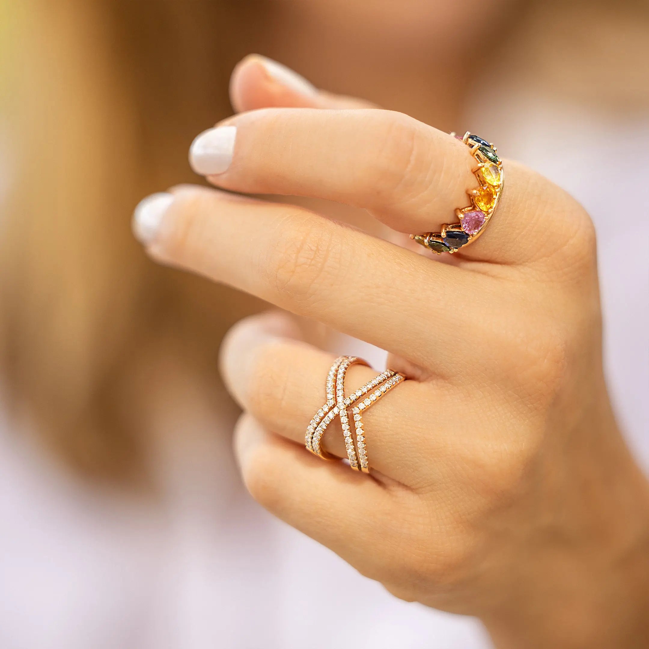 Rose gold open cross ring with pavé diamond