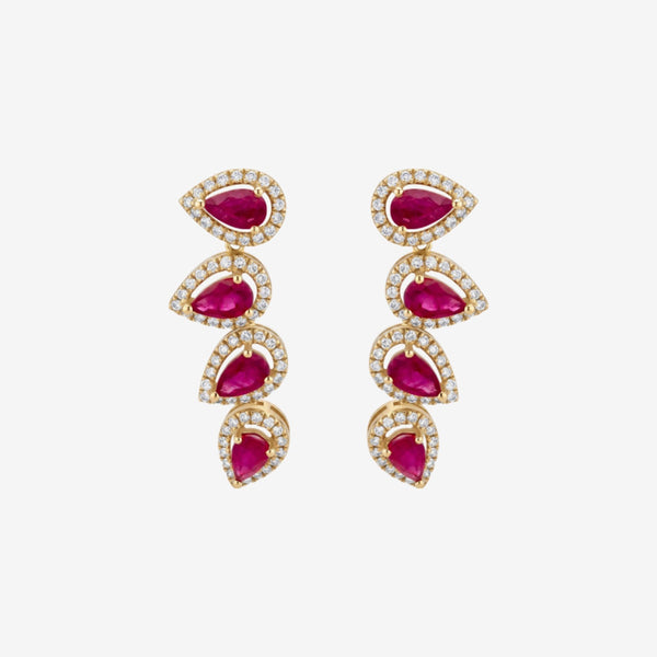 Dancing Ruby and Diamond Pear Drop Earrings in 18K Yellow Gold, gray background | JJ Jewelry Miami