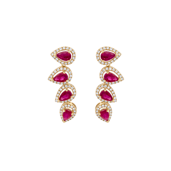 Dancing ruby and diamond pear drop earrings in 18K yellow gold | JJ Jewelry
