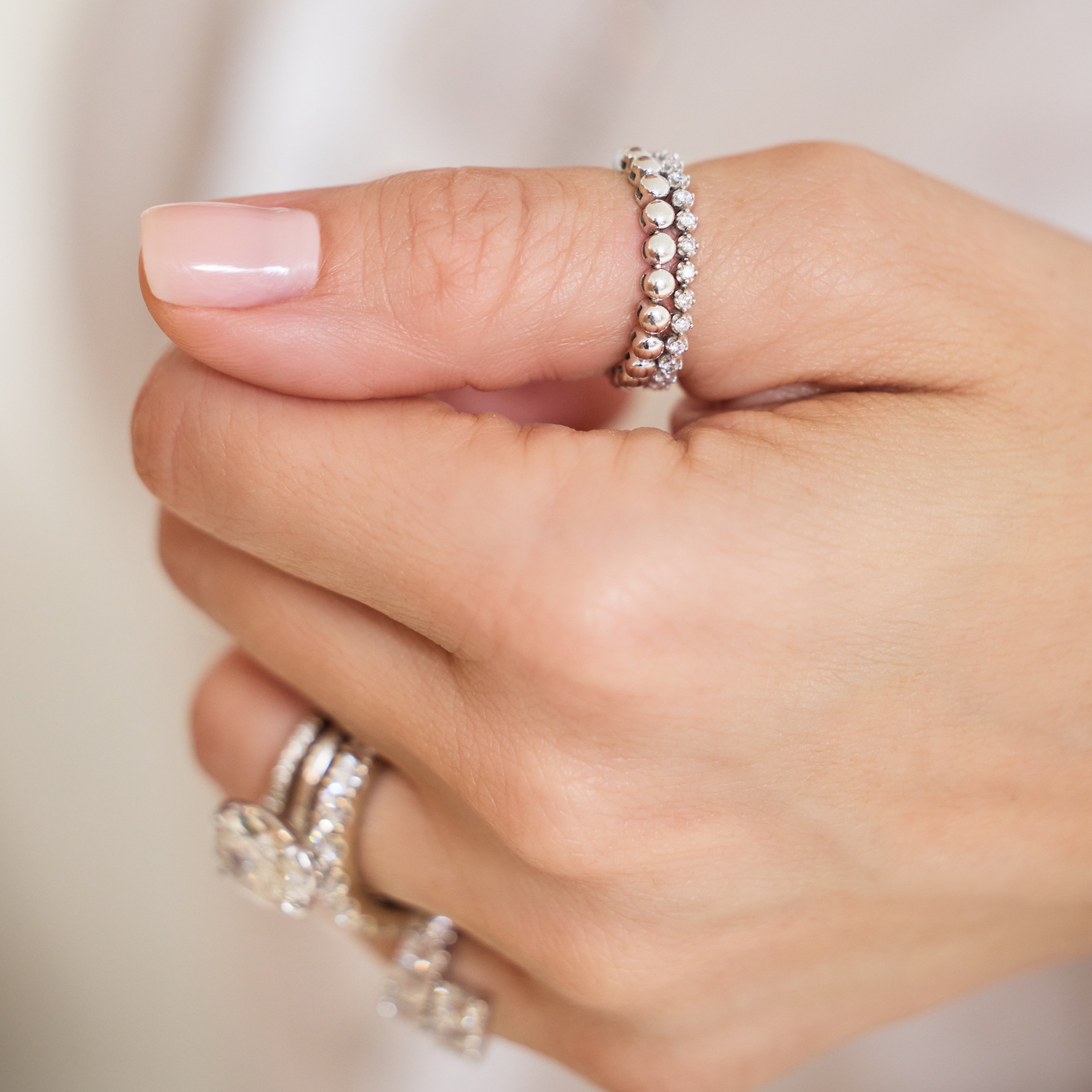 Diamond Beaded Flexible Stackable Ring in 14K Gold