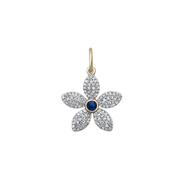 Diamond Flower Charm with Sapphire or Emerald Center in 14K White Gold | JJ Jewelry