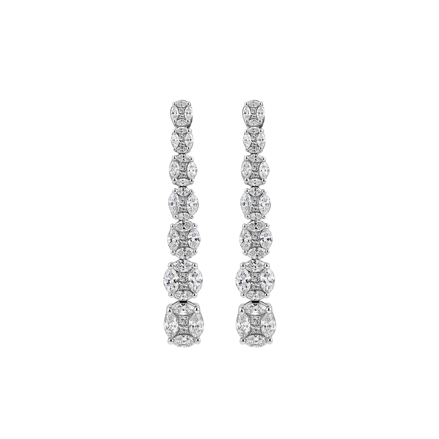 Diamond Mosaic Long Drop Earrings in 18K White Gold | JJ Jewelry Miami