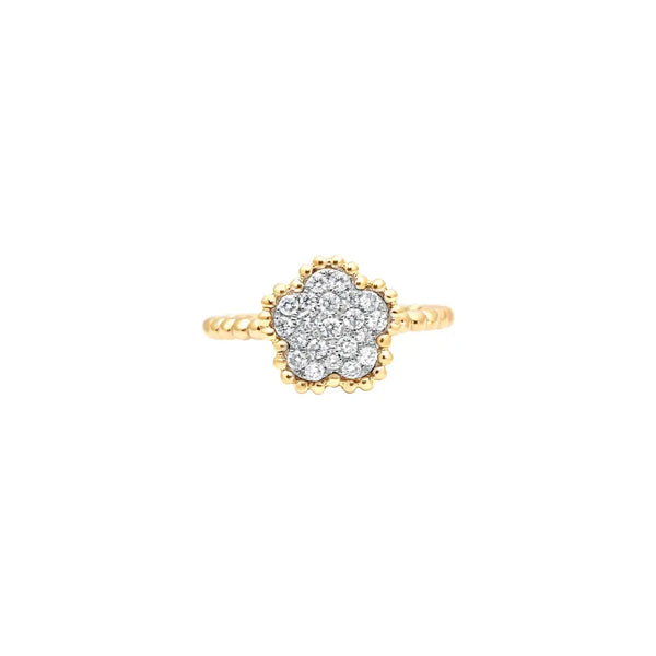 Diamond Pavé Clover Flower Ring in 18K Yellow Gold | JJ Jewelry Miami