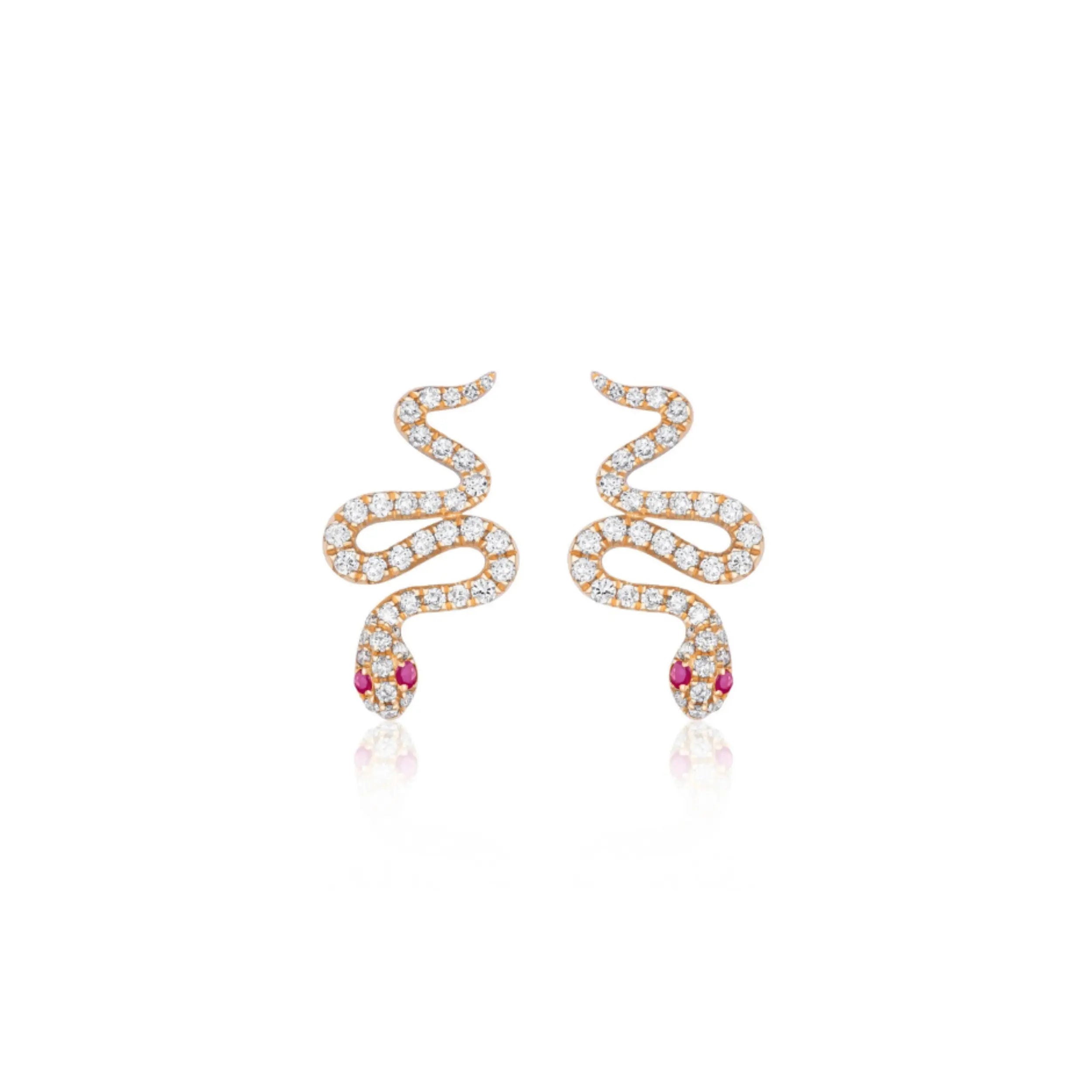 Diamond & Ruby Snake Drop Earrings in 18K Gold | JJ Jewelry Miami