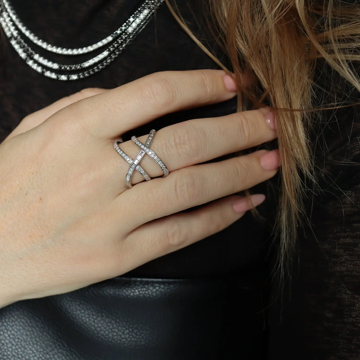 Double Cross Diamond Cocktail Ring, lifestyle view 1 | JJ Jewelry