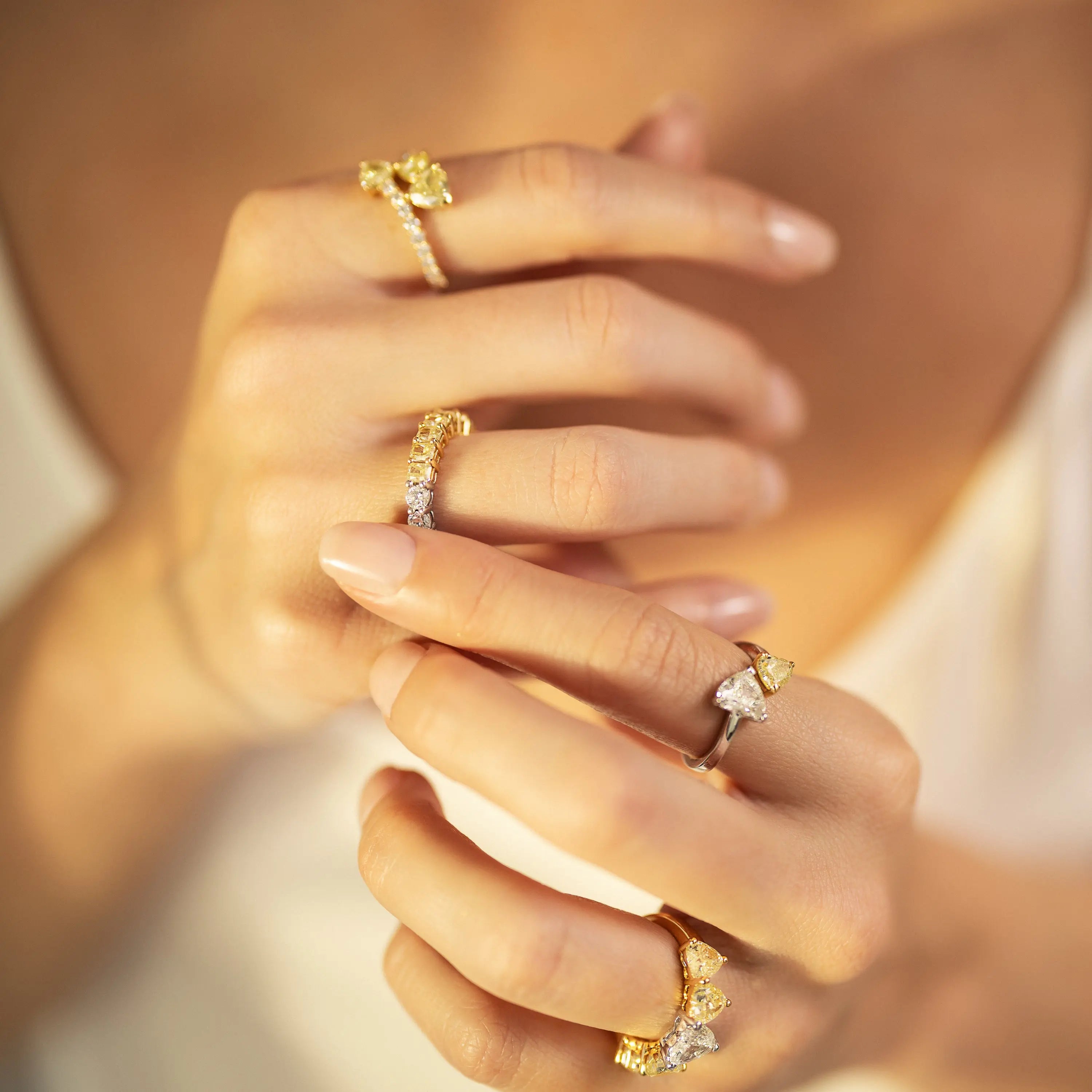 Double Heart Yellow and White Diamond Open Ring-Princess Jewelry Shop