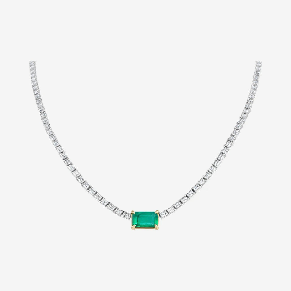 Emerald Center Baguette Diamond Tennis Necklace in 18K White Gold, gray background | JJ Jewelry Miami