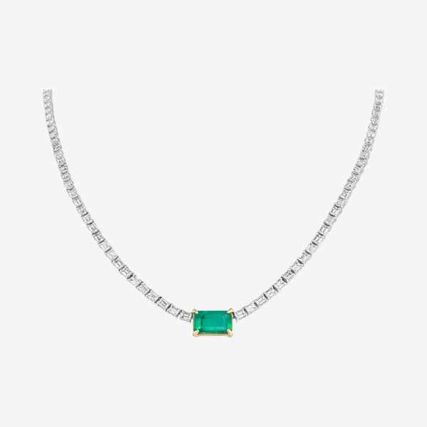 Emerald Center Baguette Diamond Tennis Necklace in 18K White Gold, gray background | JJ Jewelry Miami