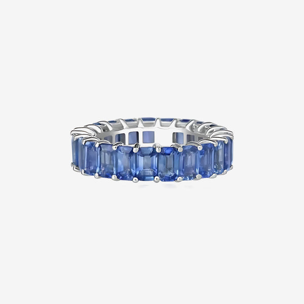 Emerald-Cut Blue Sapphire Full Eternity Ring in 18K White Gold | JJ Jewelry