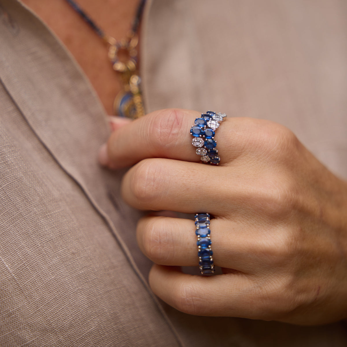 Emerald-Cut Blue Sapphire Full Eternity Ring in 18K White Gold