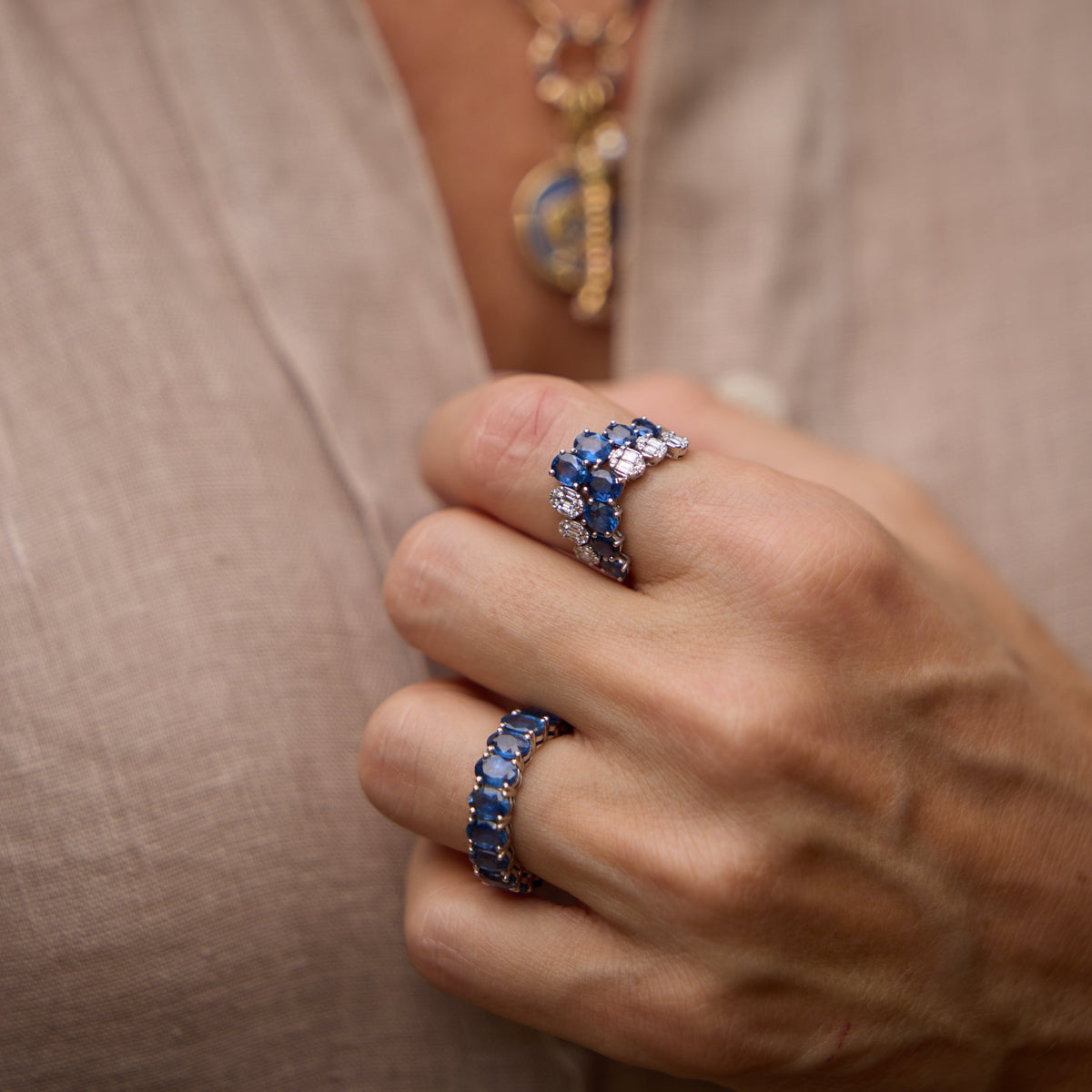 Emerald-Cut Blue Sapphire Full Eternity Ring in 18K White Gold