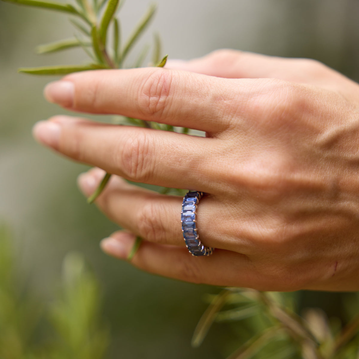 Emerald-Cut Blue Sapphire Full Eternity Ring in 18K White Gold