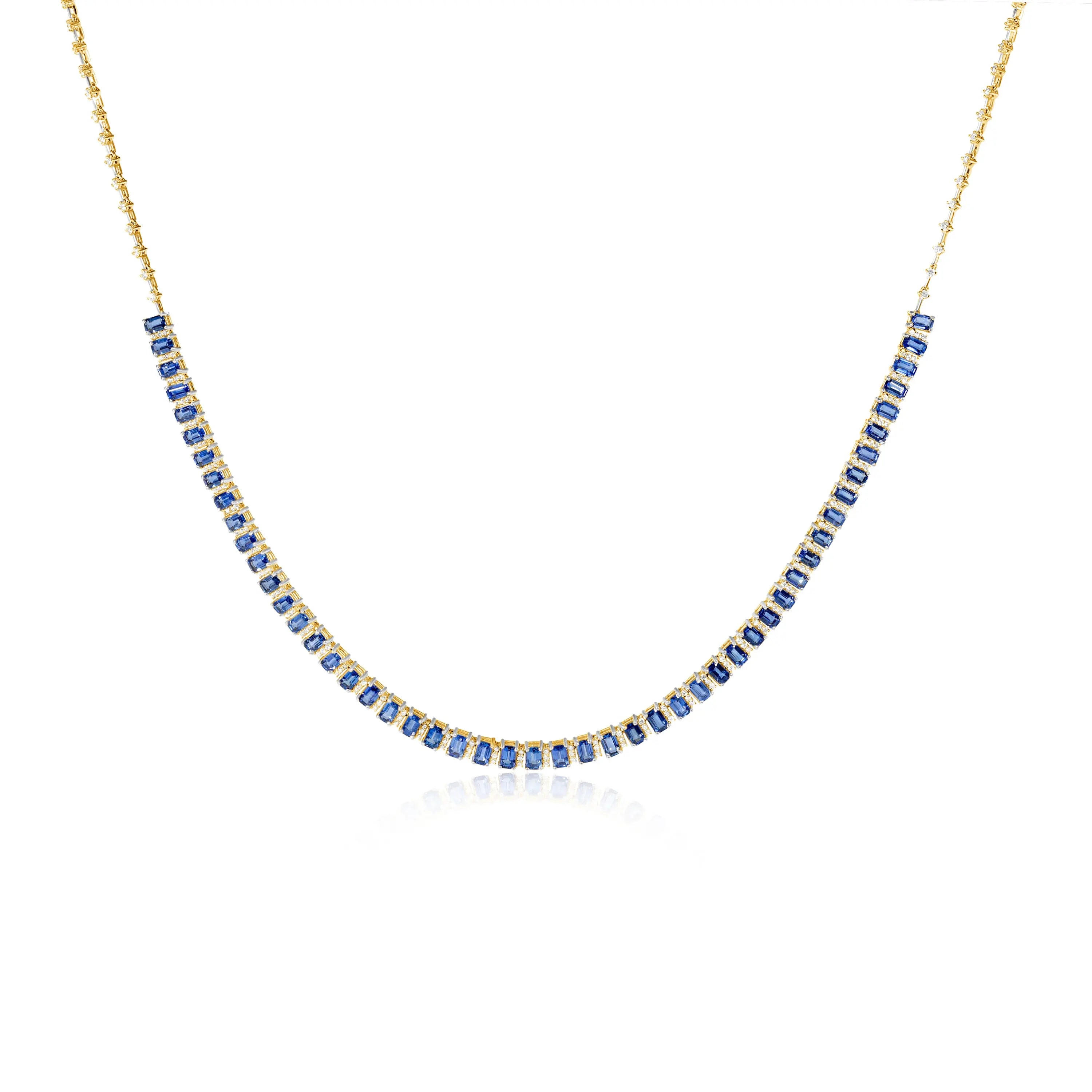 Emerald Cut Blue Sapphire and Diamond Necklace-Princess Jewelry Shop