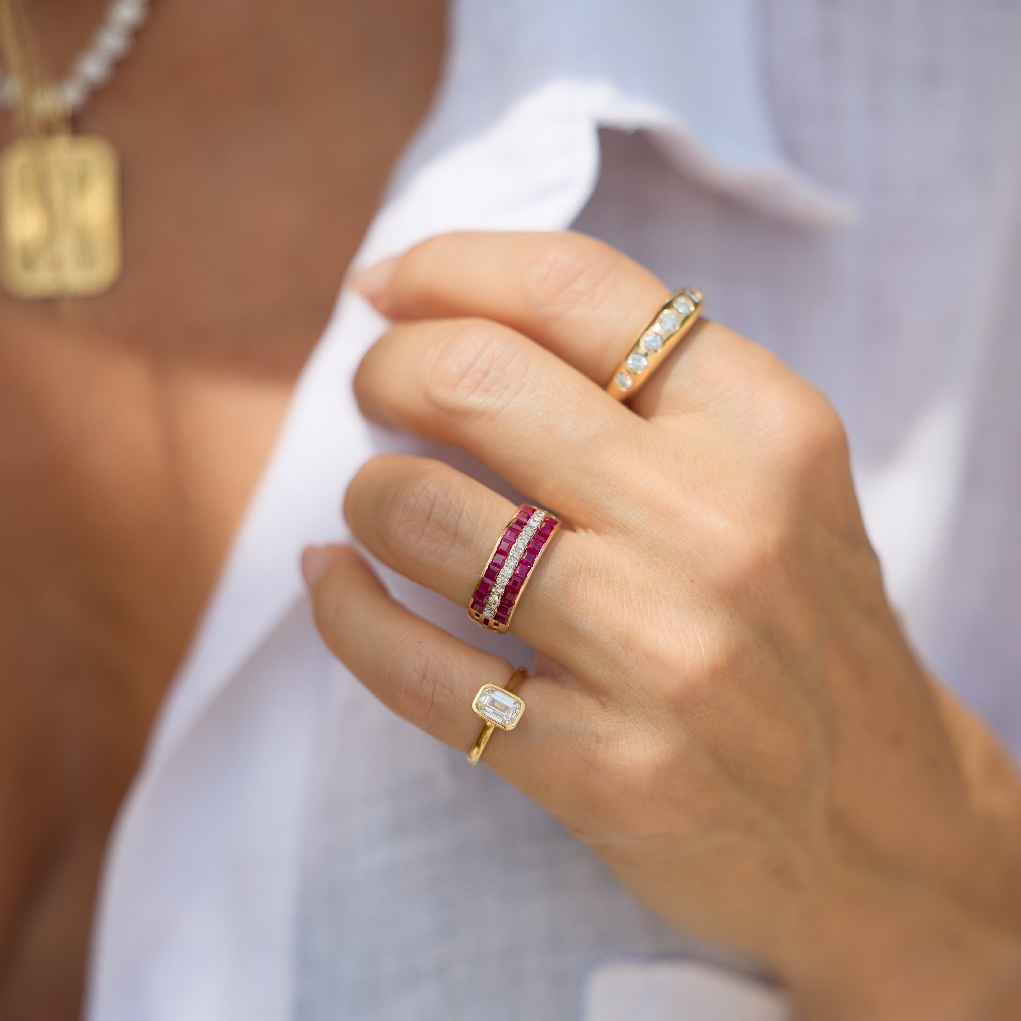 Ruby & Diamond Curved Band Ring in 14K Yellow Gold
