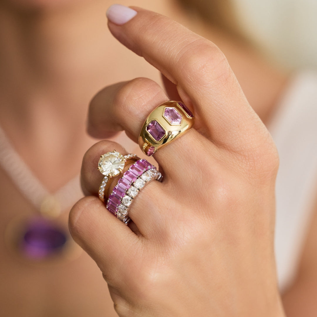 Emerald-Cut Pink Sapphire Band Ring in 14K White Gold