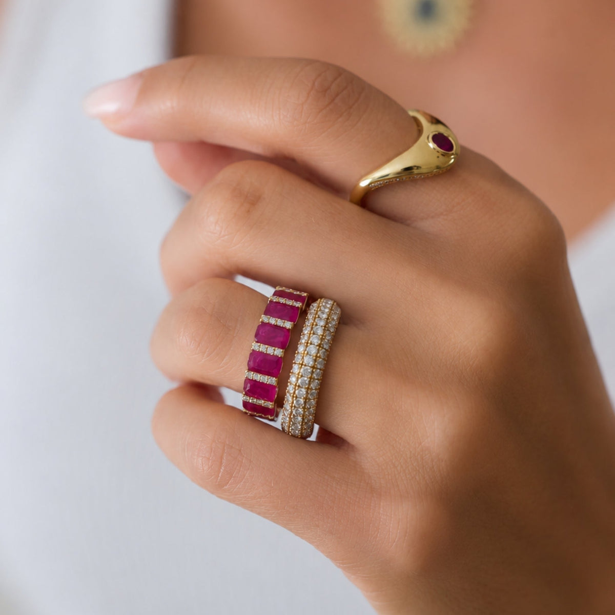 Emerald-Cut Ruby and Diamond Eternity Band in 18K Yellow Gold