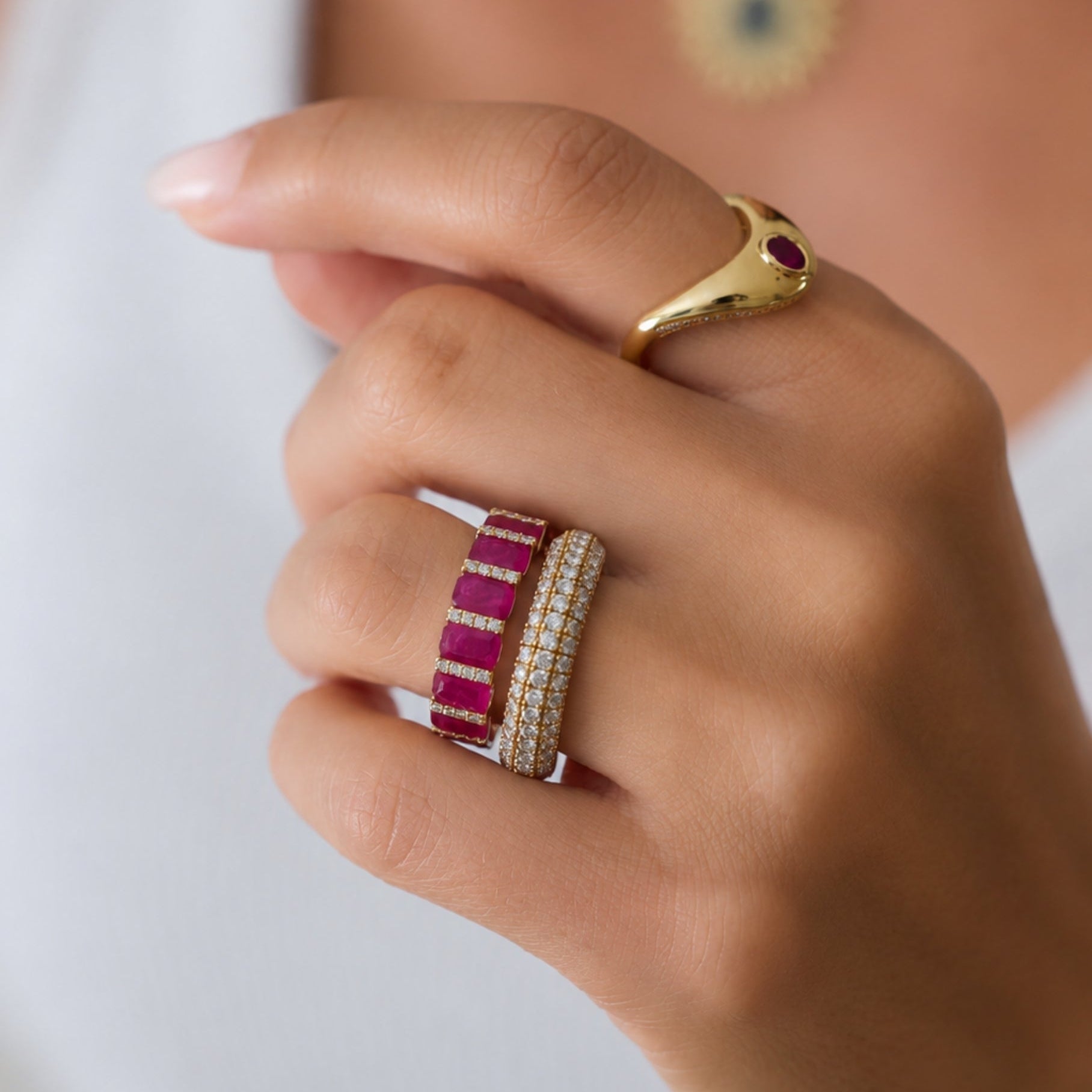 Emerald-Cut Ruby and Diamond Eternity Band in 18K Yellow Gold