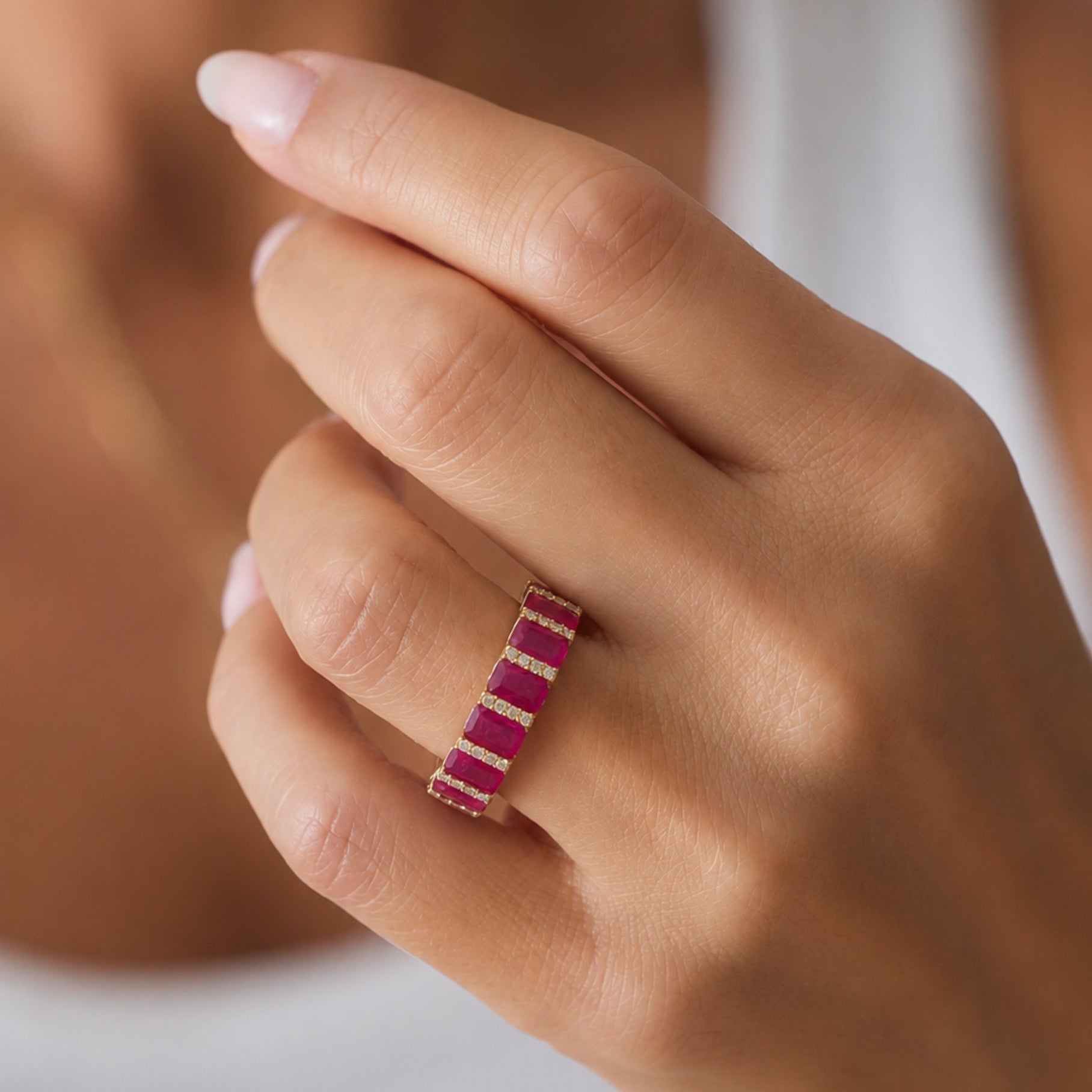 Emerald-Cut Ruby and Diamond Eternity Band in 18K Yellow Gold