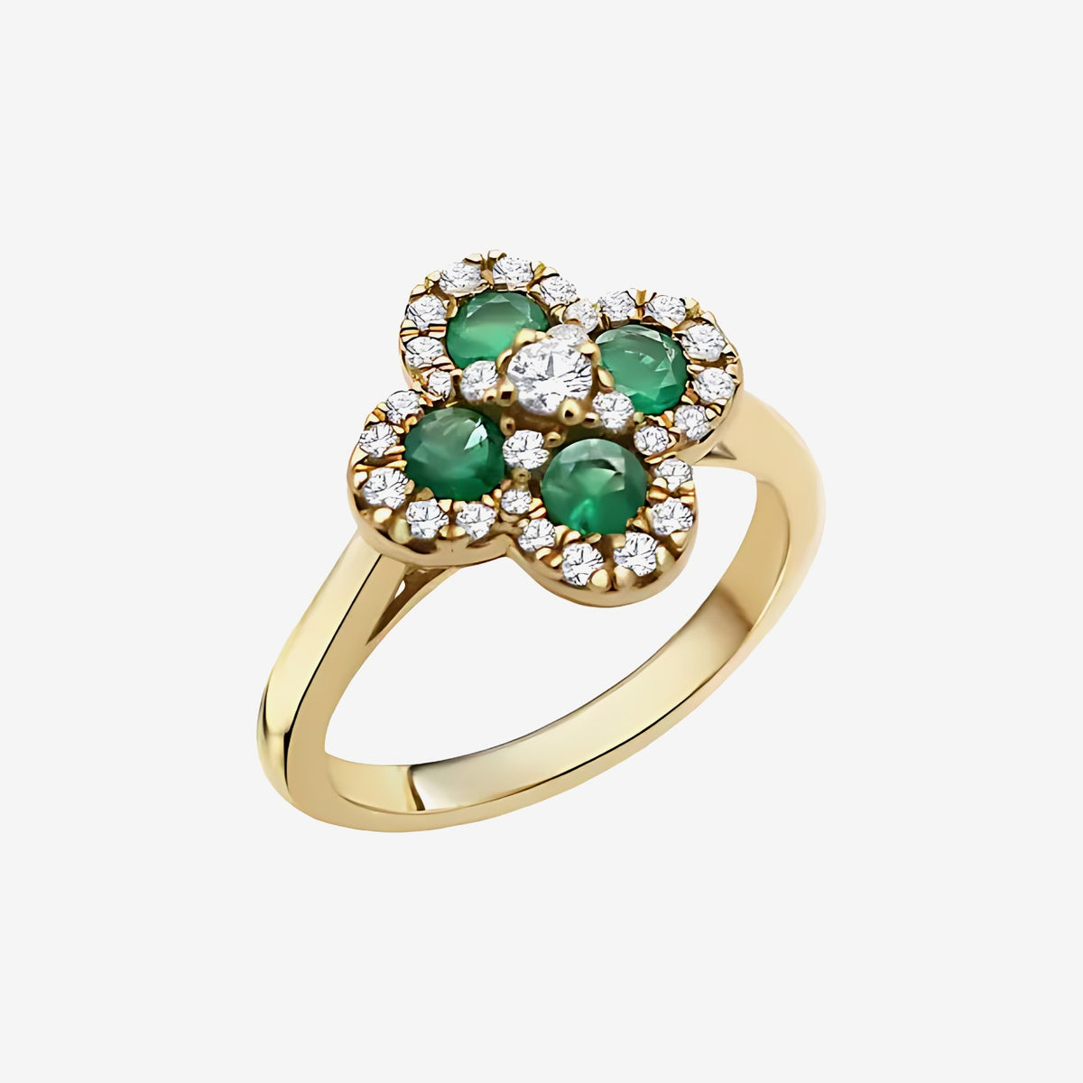 Emerald and Diamond Clover Flower Cocktail Ring in 14K Yellow Gold | JJ Jewelry