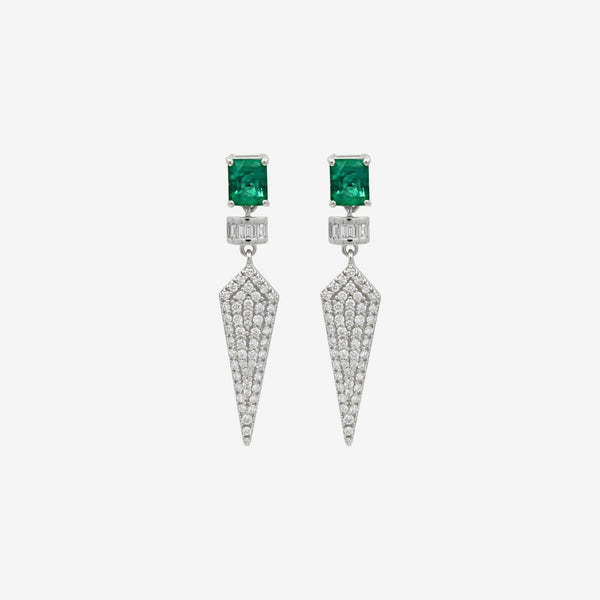 Emerald and Diamond Dancing Drop Earrings in 14K White Gold, gray background | JJ Jewelry Miami