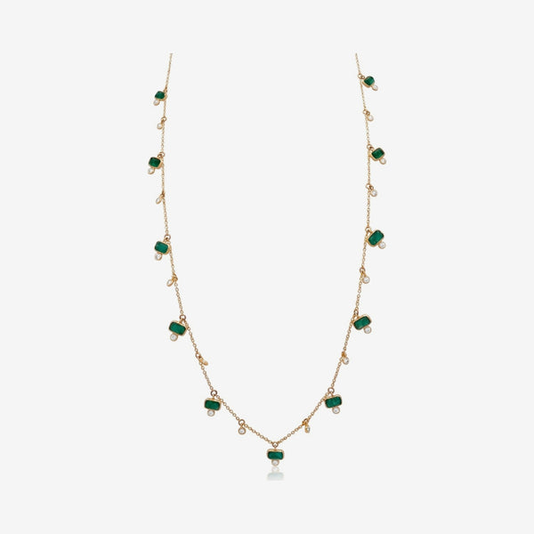 Emerald and Diamond Drop Station Necklace in 14K Yellow Gold, gray background | JJ Jewelry Miami