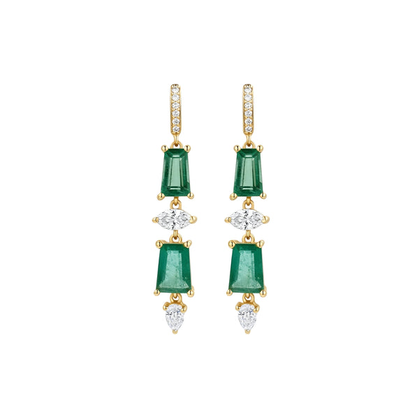 Emerald and Diamond Long Drop Earrings in 18K Yellow Gold