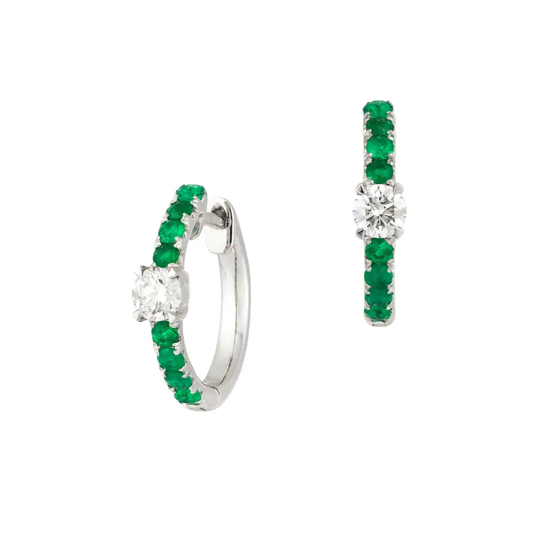 Emerald and Diamond Small Hoop Earrings | 18K White Gold | JJ Jewelry Miami