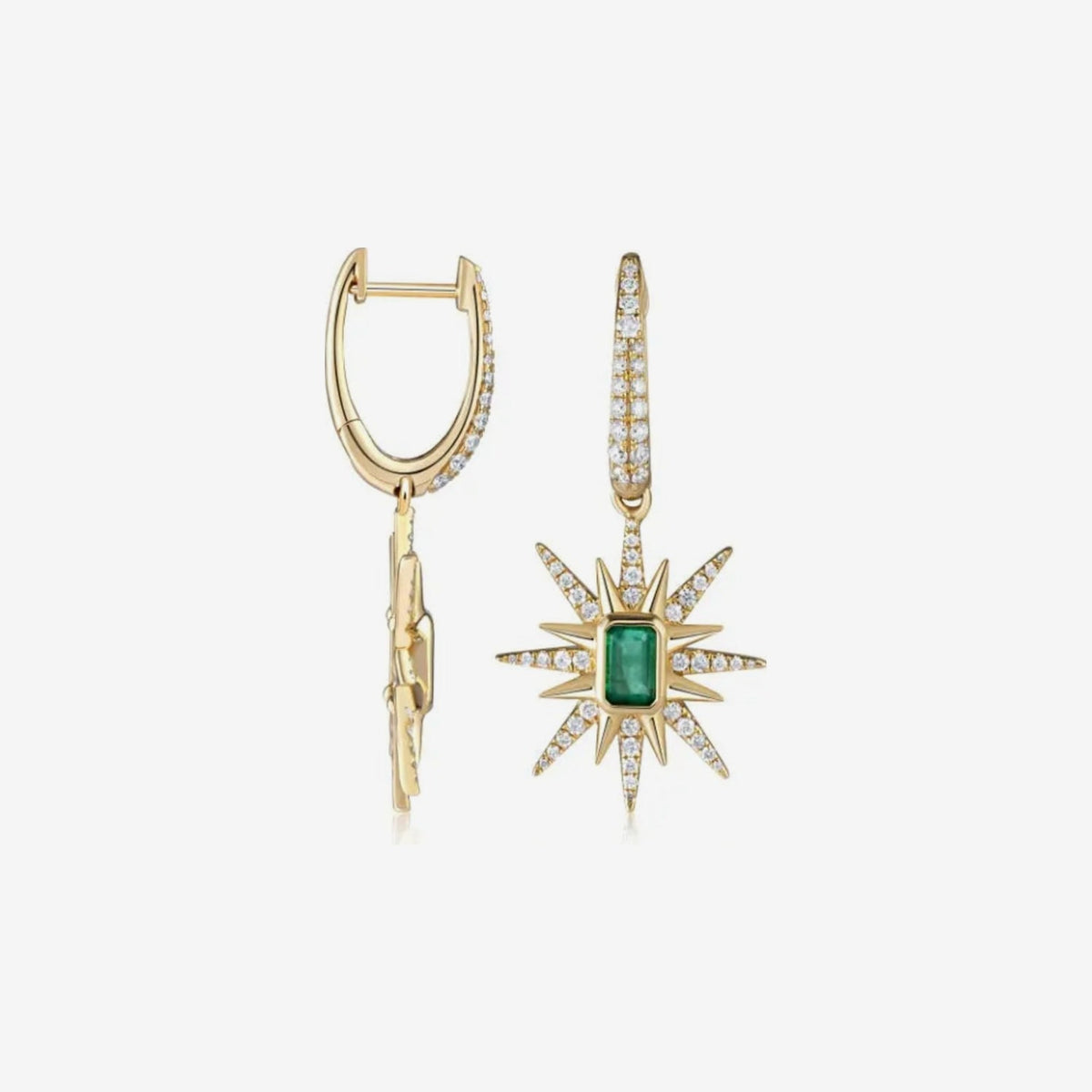Emerald and Diamond Starburst Drop Earrings in 18K Yellow Gold, gray background | JJ Jewelry Miami
