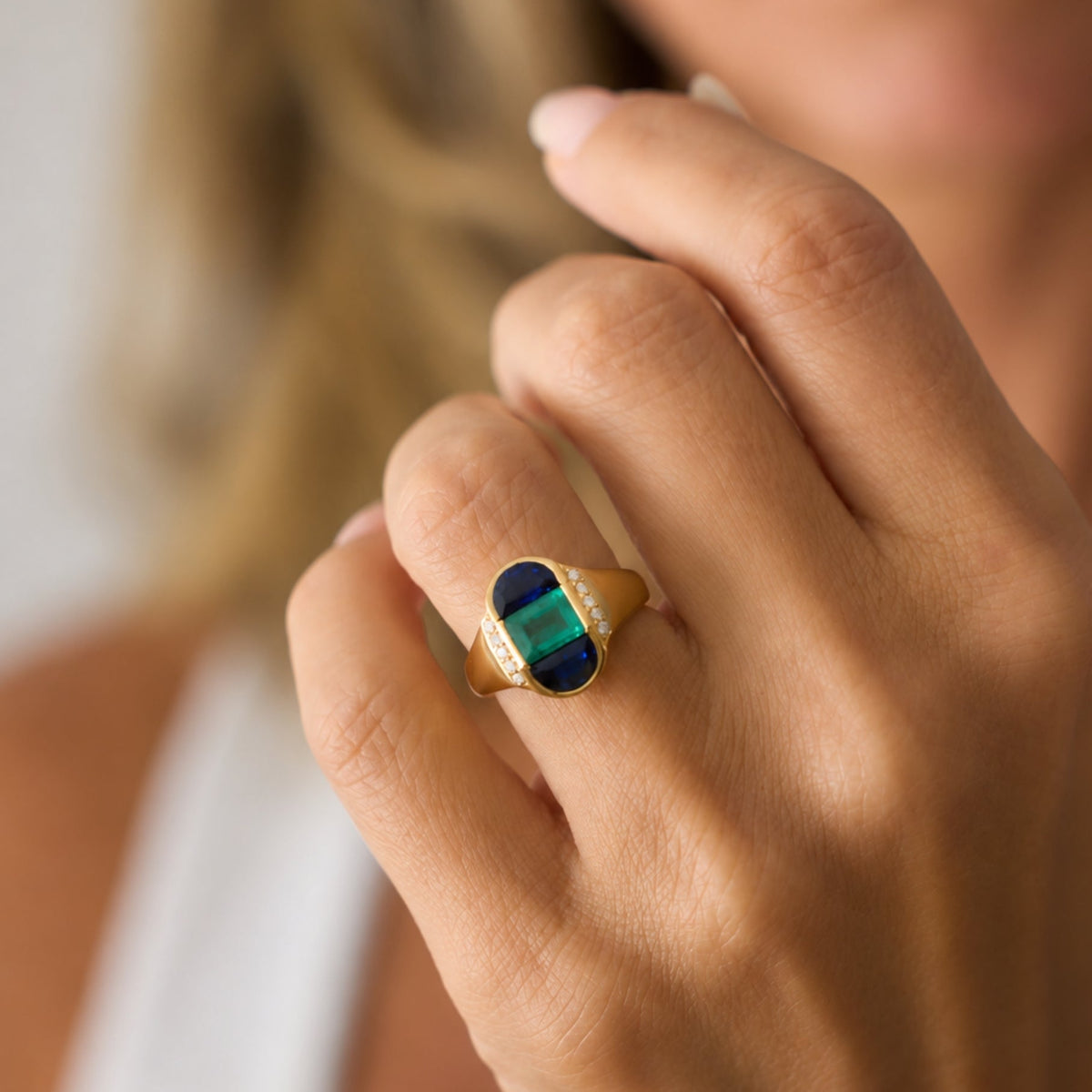 Emerald and Half-Moon Blue Sapphire Ring, lifestyle view 1 | JJ Jewelry