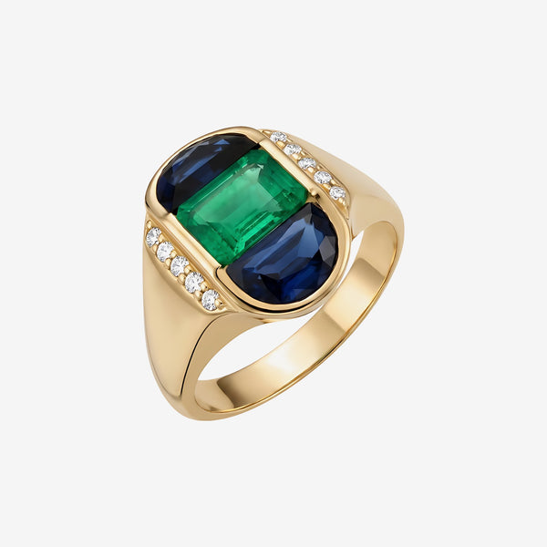 Emerald and Half-Moon Blue Sapphire Ring in 18K Yellow Gold | JJ Jewelry
